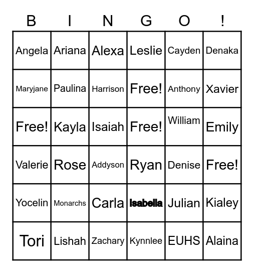 Yearbook Bingo Card