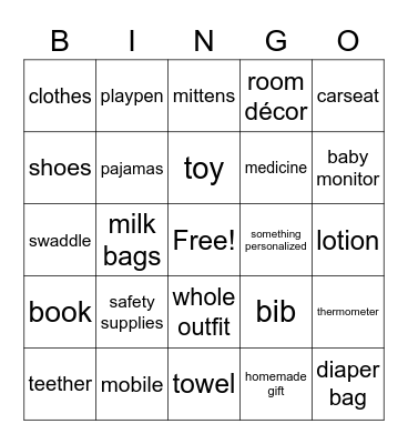 Baby Shower Gift Bingo Card
