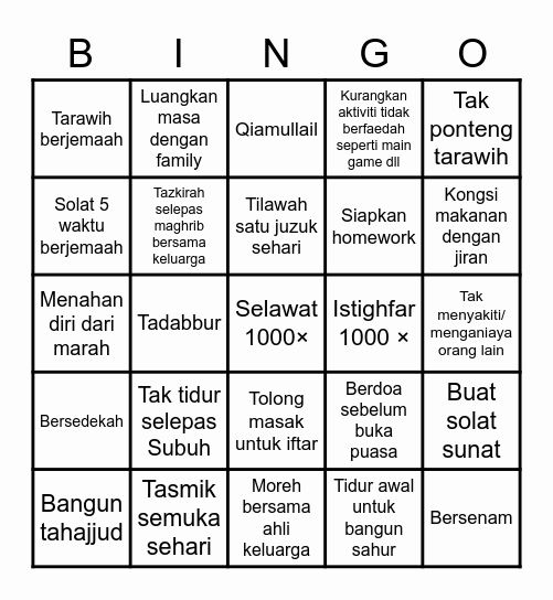 Ramadhan Bingo Card