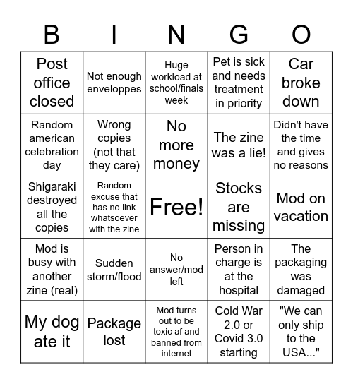 Another episode of ZNS"Zines Not Sent) Bingo Card