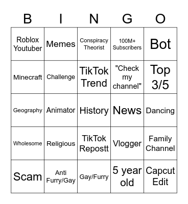 YouTube Channel Type Bingo Card