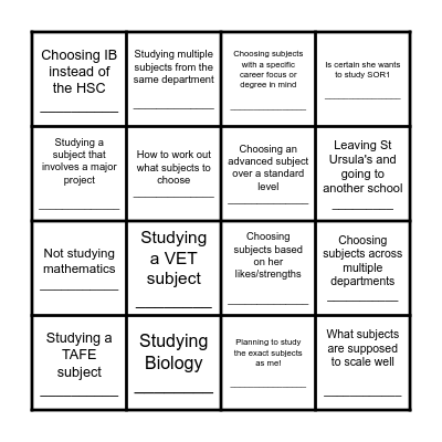 Find a Year 10 student who is thinking about.... Bingo Card