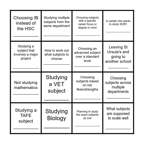 Find a Year 10 student who is thinking about.... Bingo Card