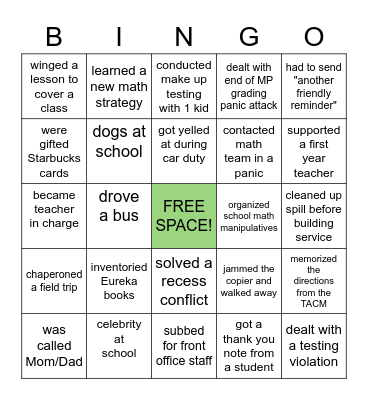 Math Leader Bingo Card