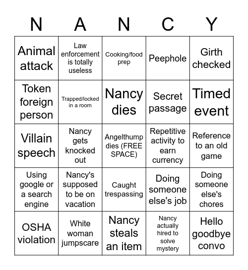Nancy drew game bingo card