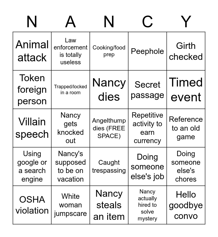 Nancy Drew Game Bingo Card