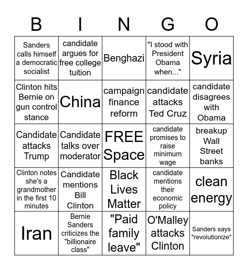 Democratic Primary Debate - 1/17/16 Bingo Card
