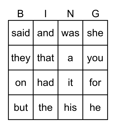 Sight words Bingo Card