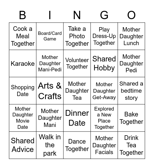 Mother Daughter Activities Bingo Card