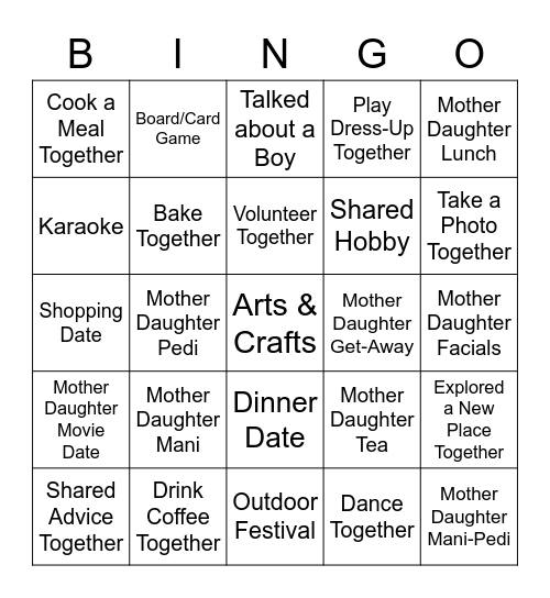 Mother-Daughter Activities Bingo Card