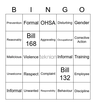 Harassment & Violence Prevention Bingo Card