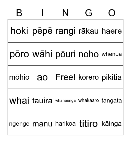 Common Kupu Māori Bingo Card