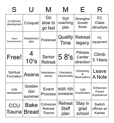 Anna's Summa Time Bingo Card