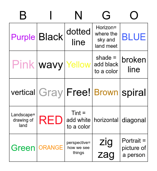 Color and Line Vocabulary Bingo Card
