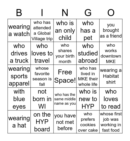 Habitat Young Professionals Bingo Card