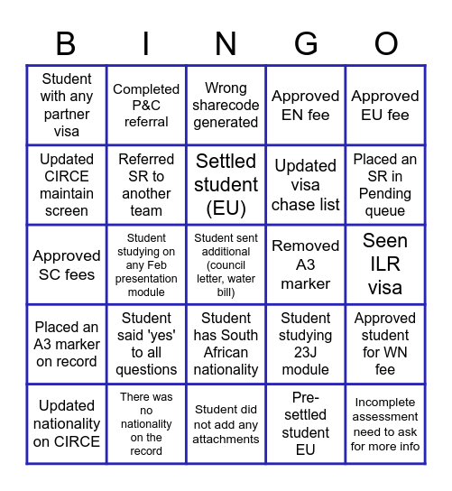 Fees Team Bingo Card