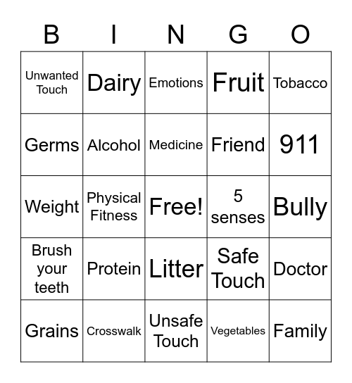 1st Grade Healthy Bingo Card