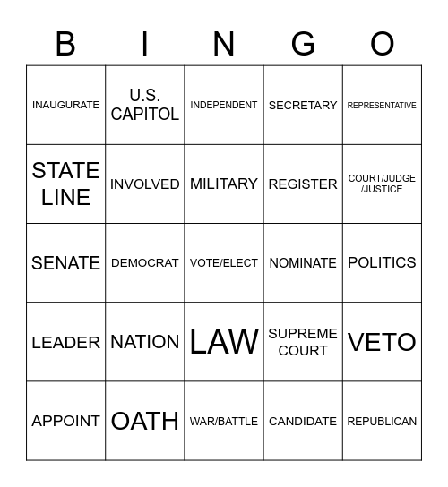 Government and Politics Vocabulary Bingo Card