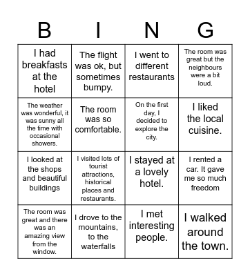 My trip Bingo Card