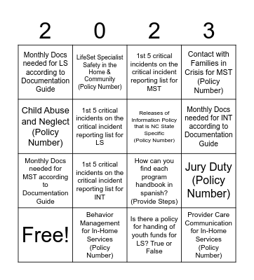 Policy Rules Bingo Card