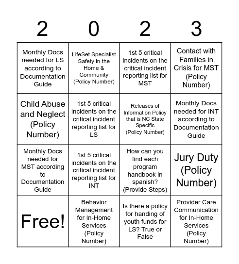 Policy Rules Bingo Card