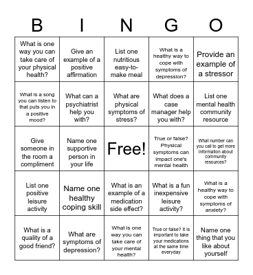 Mental Health Recovery Bingo Card