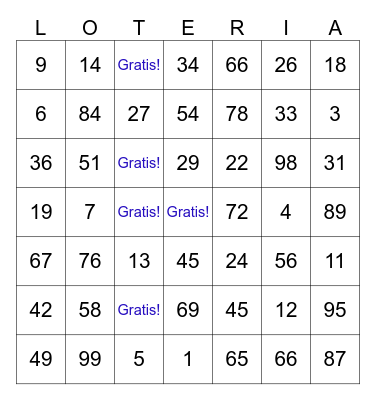 Vocab Spanish Bingo Card