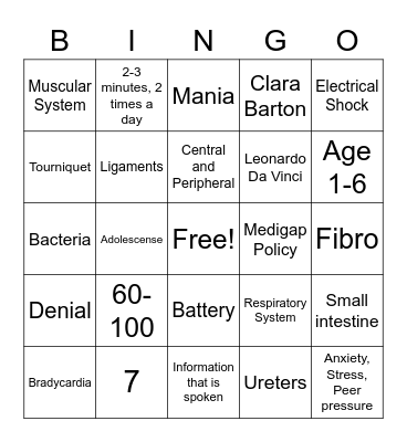 Health Science Bingo Card