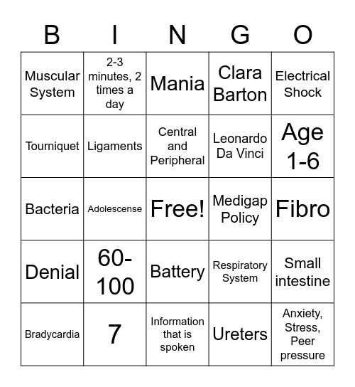 Health Science Bingo Card