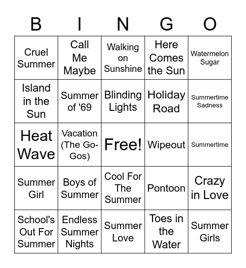 Songs of Summer Bingo Card