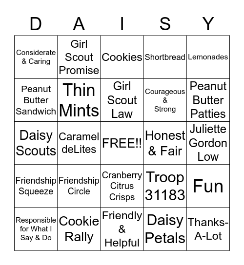 Daisy Bingo Card