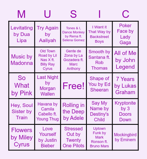 Musical Bingo - Find the song! Bingo Card