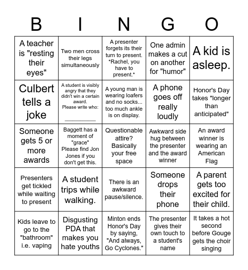 Honor's Day Bingo Card