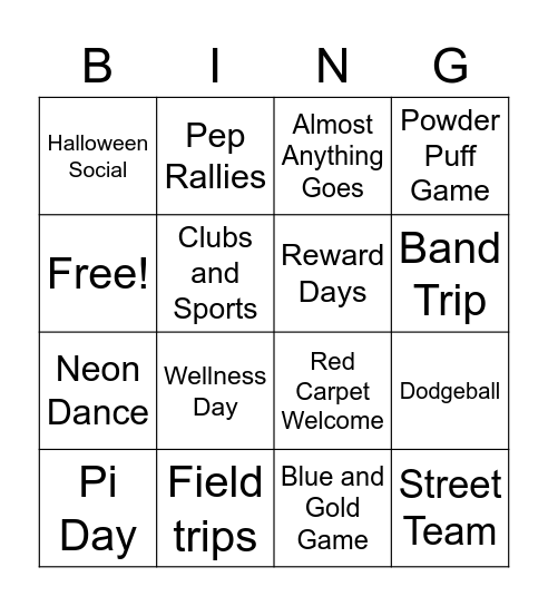 Falcon Camp Bingo Card