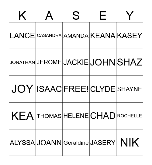 Kasey's Sweet 16 Bingo Card