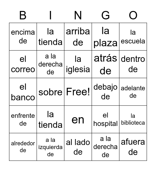 Preposiciones y lugares Bingo Card