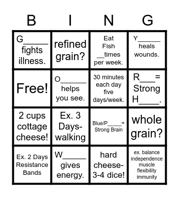 Food & Activity Matters Bingo Card