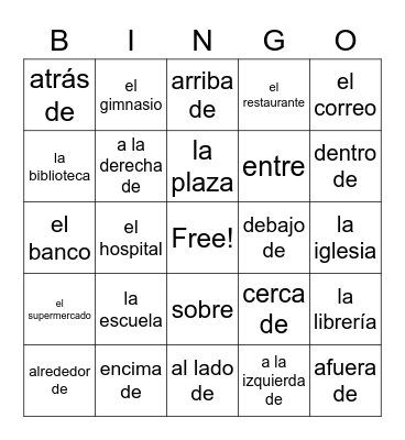 Las preposiciones y lugares Bingo Card