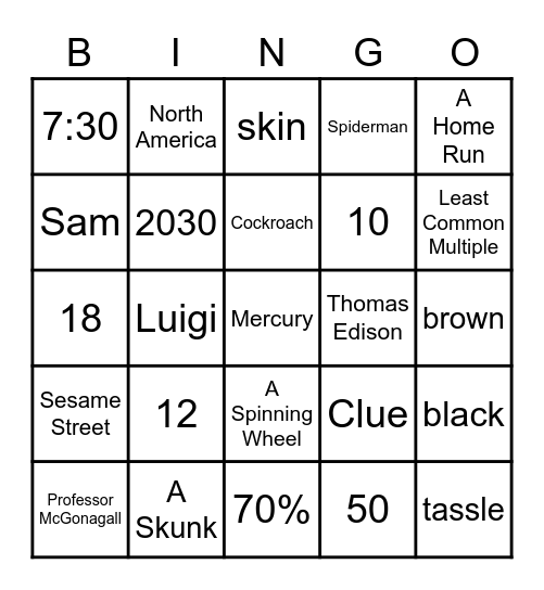 5th Grade Fun Trivia Bingo Card