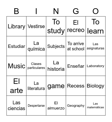 Juego de vocabulario Bingo Card