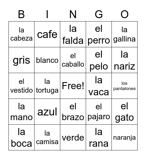 Spanish: mixed vocabulary Bingo Card