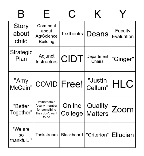 BECKY Bingo Card