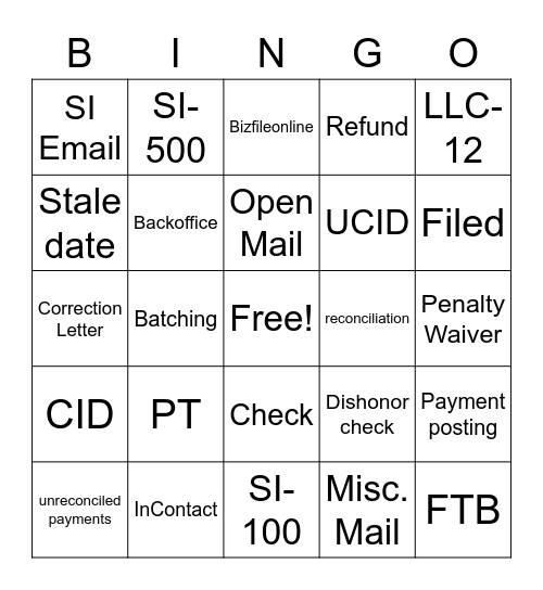 SIFI Bingo Card