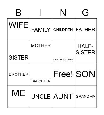 FAMILY MEMBERS BINGO Card