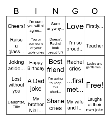 Rachel and Shane's Wedding Bingo Card