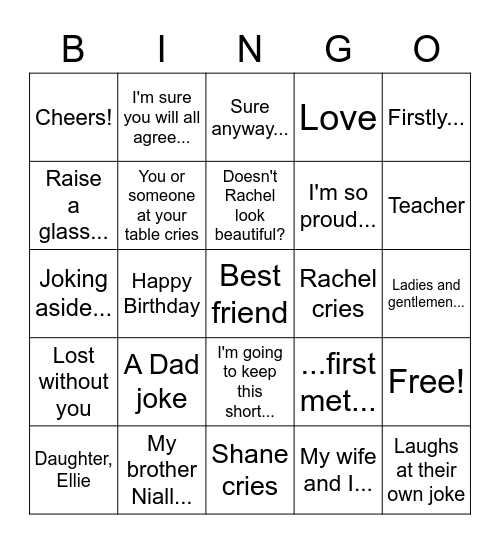 Rachel and Shane's Wedding Bingo Card