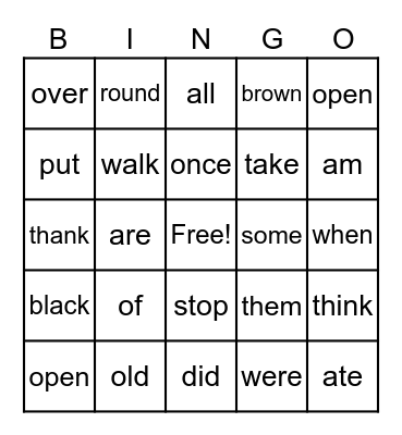 First Grade Sight Words Bingo Card