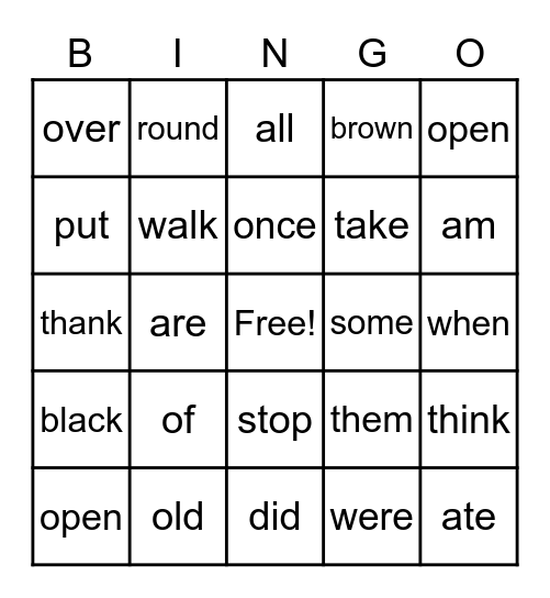 First Grade Sight Words Bingo Card