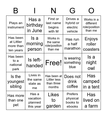 Getting To Know You Bingo Card