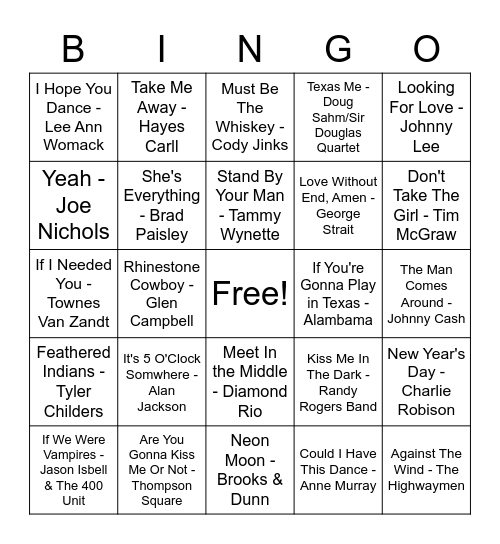 Country Music Bingo Card